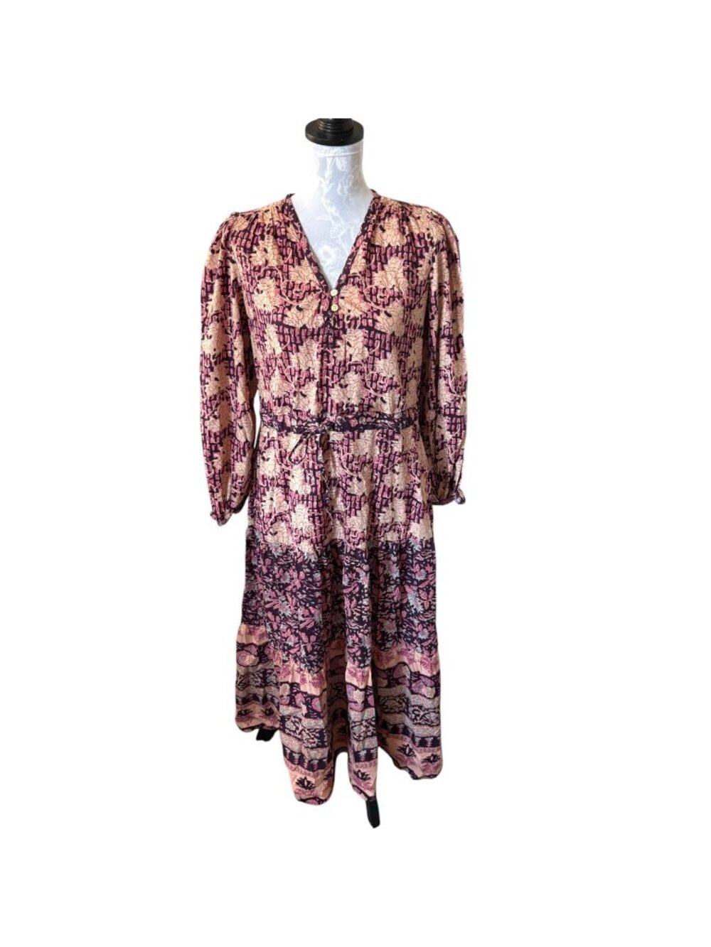 Faherty Womens Idina Block Print Dress Long Tie Waist Cotton Size Small
